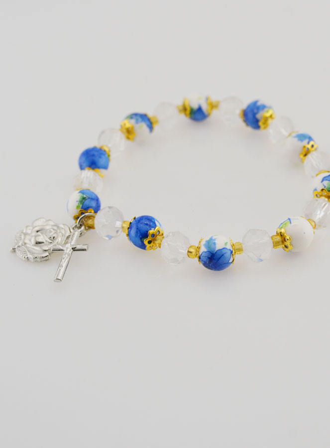 Bracelet Dizainier en Perles Peintes - Croix et Médaille de Lourdes (pic 4)
