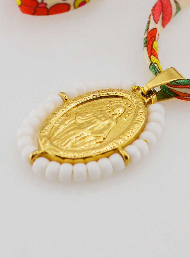 Médaille Miraculeuse Perlée - Cordon Liberty Fleuri (pic 1)