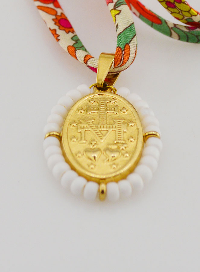 Médaille Miraculeuse Perlée - Cordon Liberty Fleuri (pic 3)
