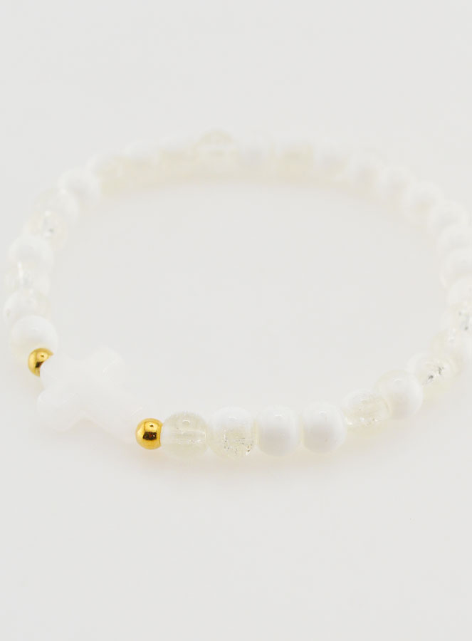 Bracelet Religieux Avec Croix & Perles en Verre Blanc (pic 3)