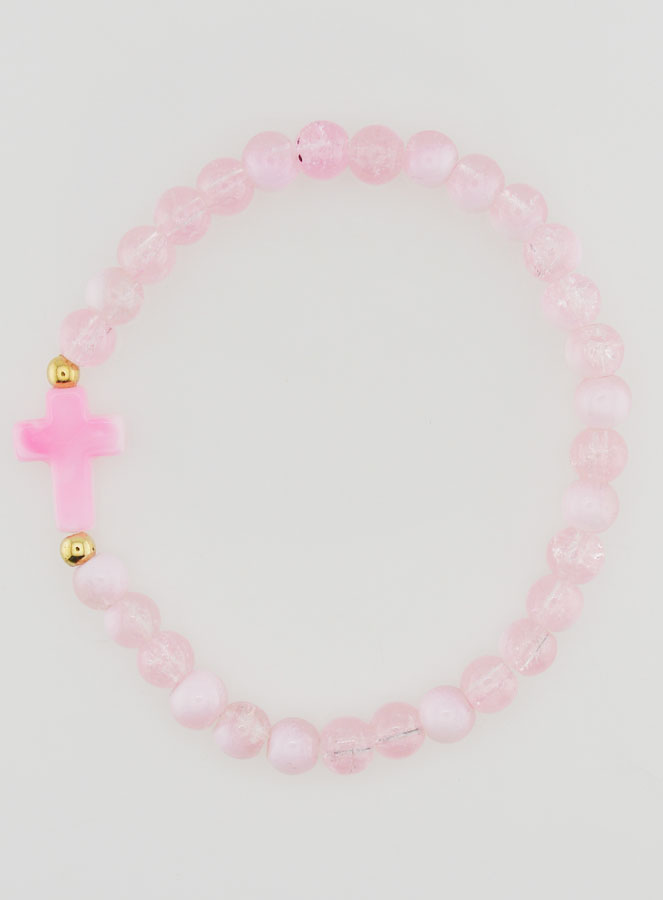 Bracelet Religieux Avec Croix & Perles en Verre Rose (pic 1)