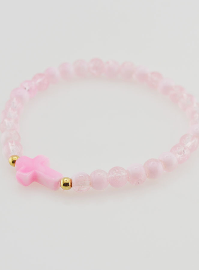 Bracelet Religieux Avec Croix & Perles en Verre Rose (pic 3)