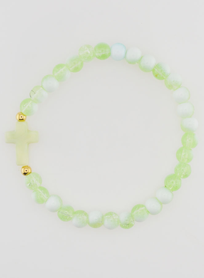 Bracelet Religieux Avec Croix & Perles en Verre Vert (pic 1)