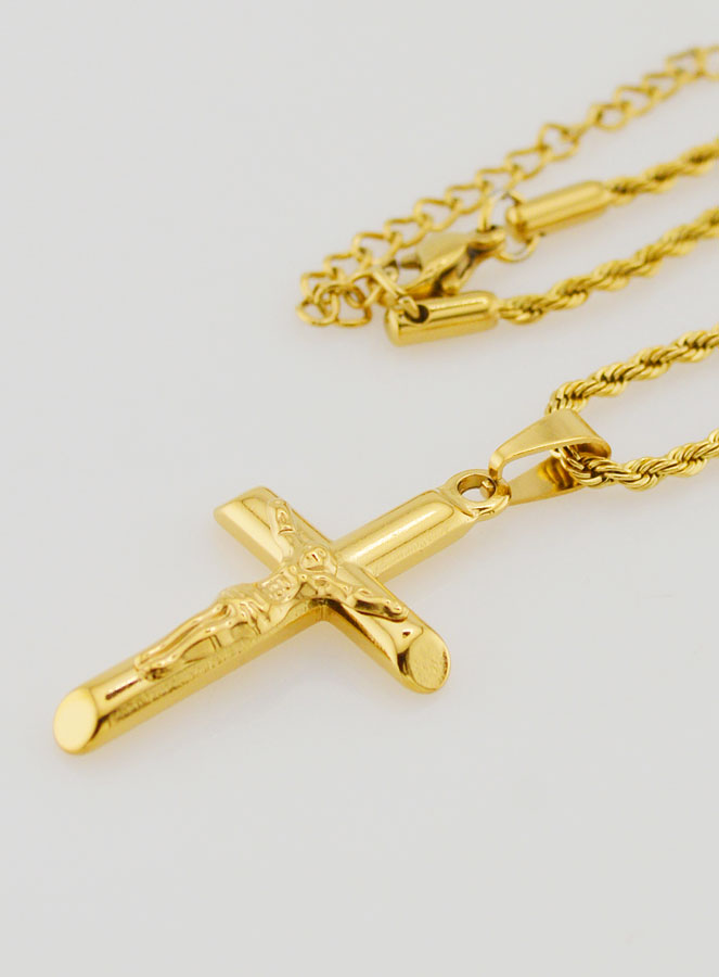 Collier Religieux Croix du Christ en Inox Doré (pic 1)