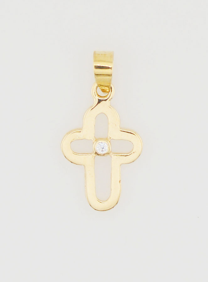 Pendentif Croix Ajourée en or 9K & Pierre - 15mm (pic 1)