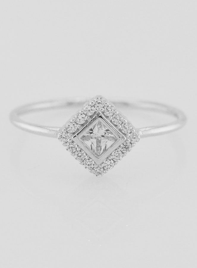 Bague Solitaire Losange Argent Rhodié et Zircons - T60 (pic 1)