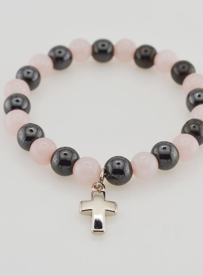 Bracelet Avec Croix - Quartz Rose & Hématite 8mm (pic 2)