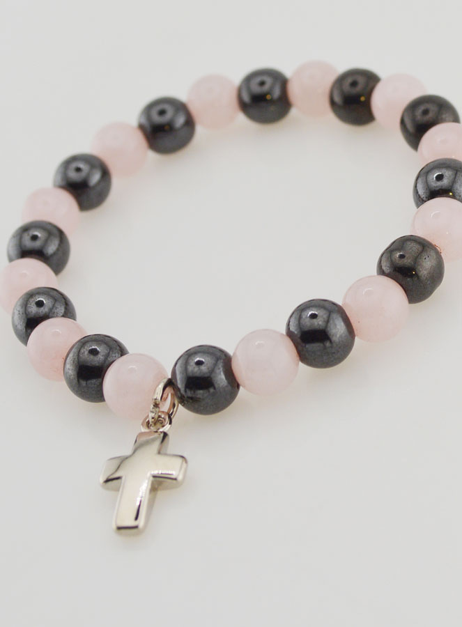 Bracelet Avec Croix - Quartz Rose & Hématite 8mm (pic 4)