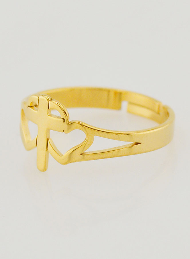 Bague Religieuse Croix & Coeurs Ajustable - Doré (pic 2)