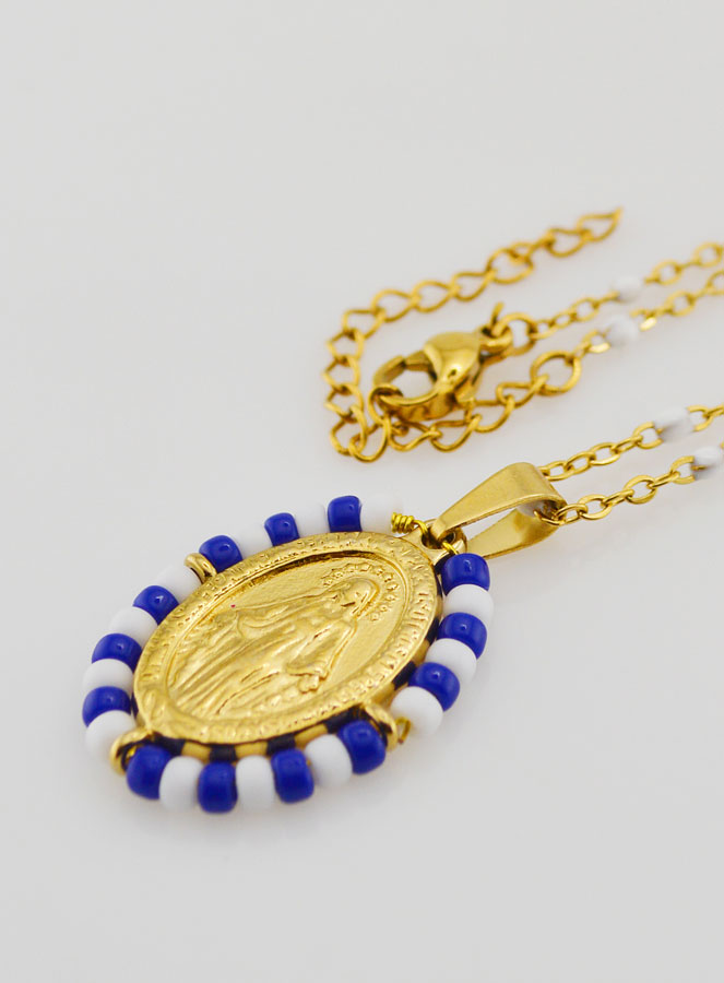 Médaille Miraculeuse Marinière & Chaîne Perles Blanches (pic 1)