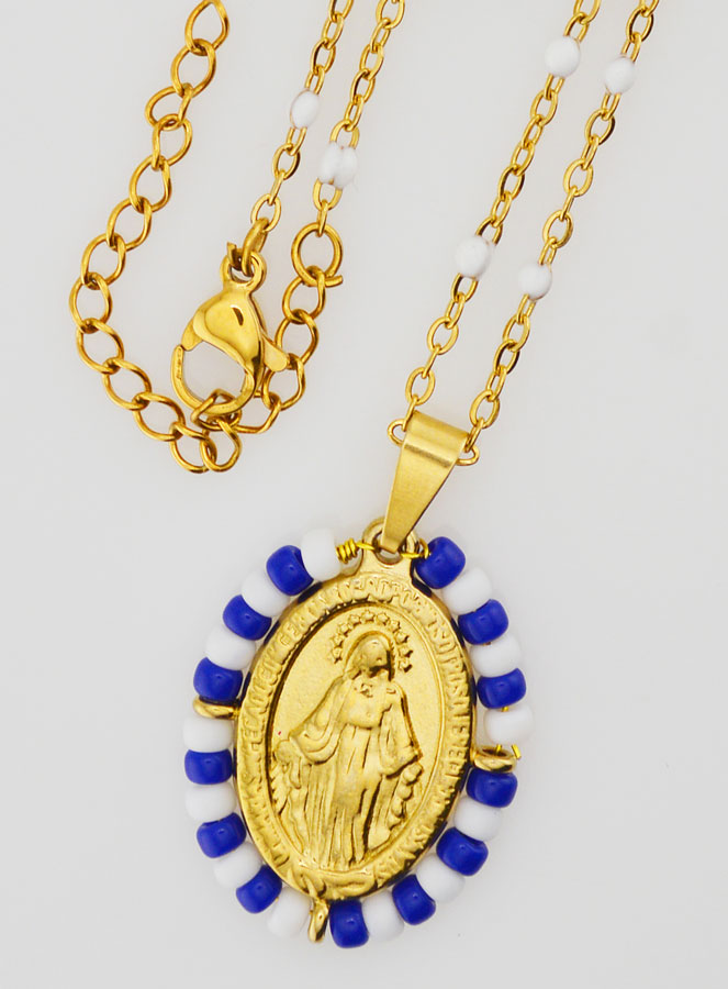 Médaille Miraculeuse Marinière & Chaîne Perles Blanches (pic 4)
