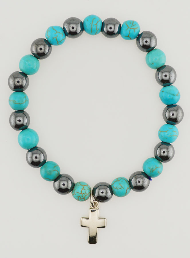 Bracelet Religieux avec Croix - Hématite & Turquoise (pic 1)