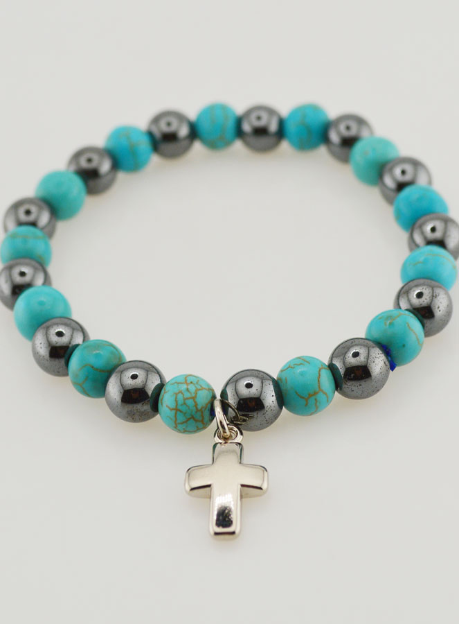 Bracelet Religieux avec Croix - Hématite & Turquoise (pic 2)