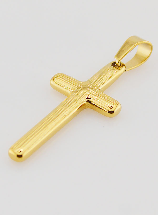 Pendentif Croix Striée en Inox Doré -  35mm (pic 4)
