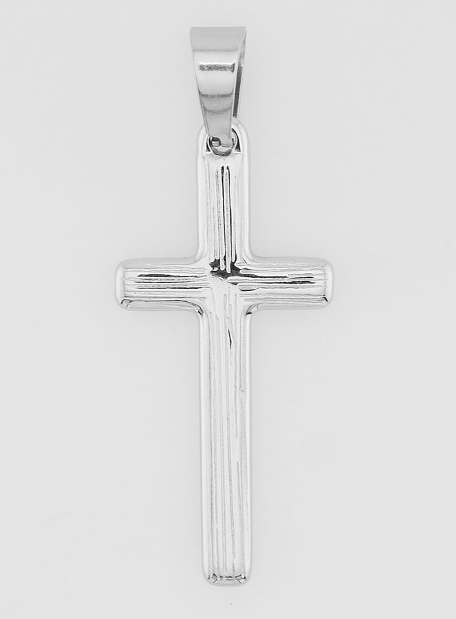 Pendentif Croix Striée en Inox Argenté -  35mm (pic 1)