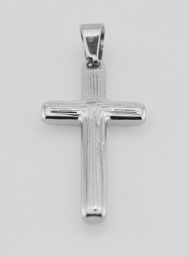 Pendentif Croix Striée en Inox Argenté -  35mm (pic 2)