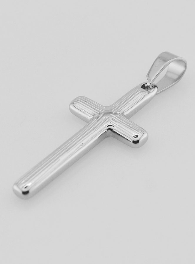 Pendentif Croix Striée en Inox Argenté -  35mm (pic 4)