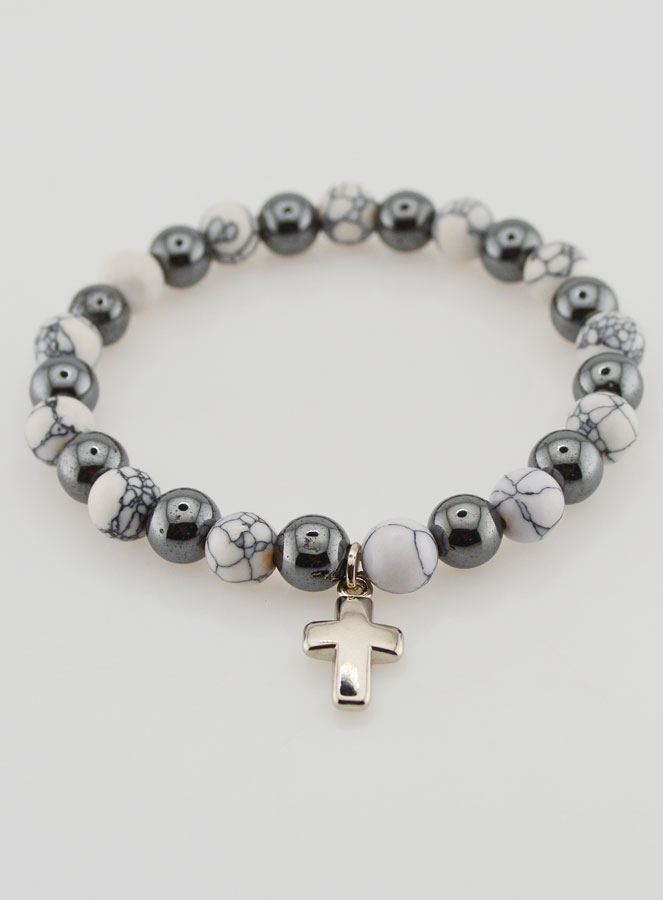 Bracelet Religieux avec Croix - Hématite & Howlite (pic 2)