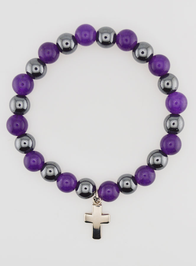 Bracelet Religieux avec Croix - Hématite & Améthyste (pic 1)