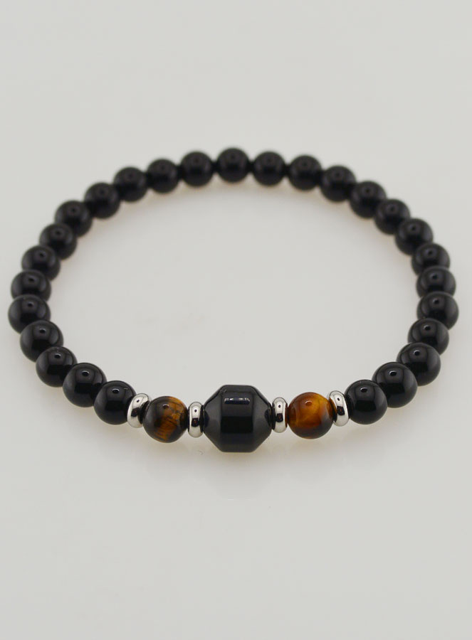 Bracelet en Oeil de Tigre et Onyx Noir - 6mm (pic 2)