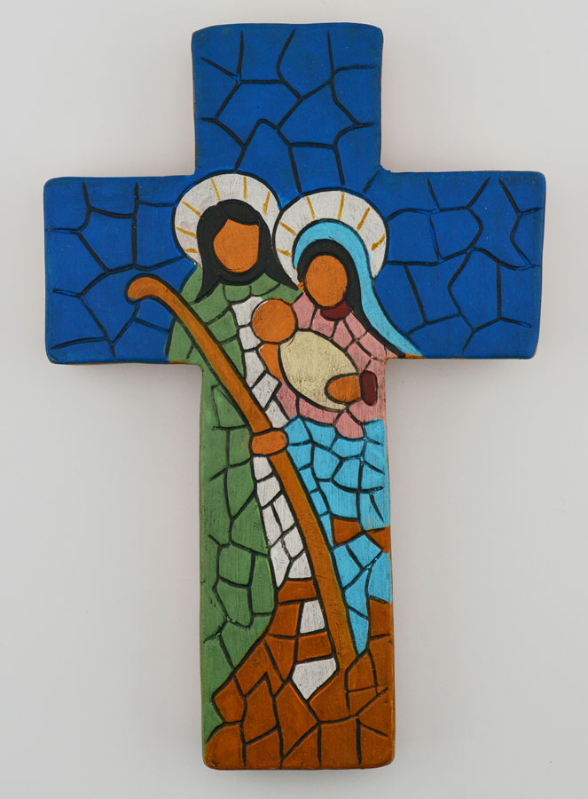 Croix en Céramique Sainte Famille Bleu - 15cm (pic 1)