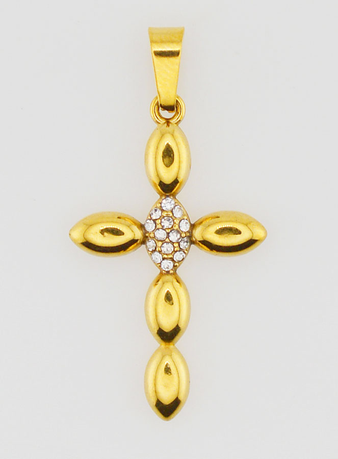 Pendentif Croix Inox Doré & Zircons - 25mm (pic 1)