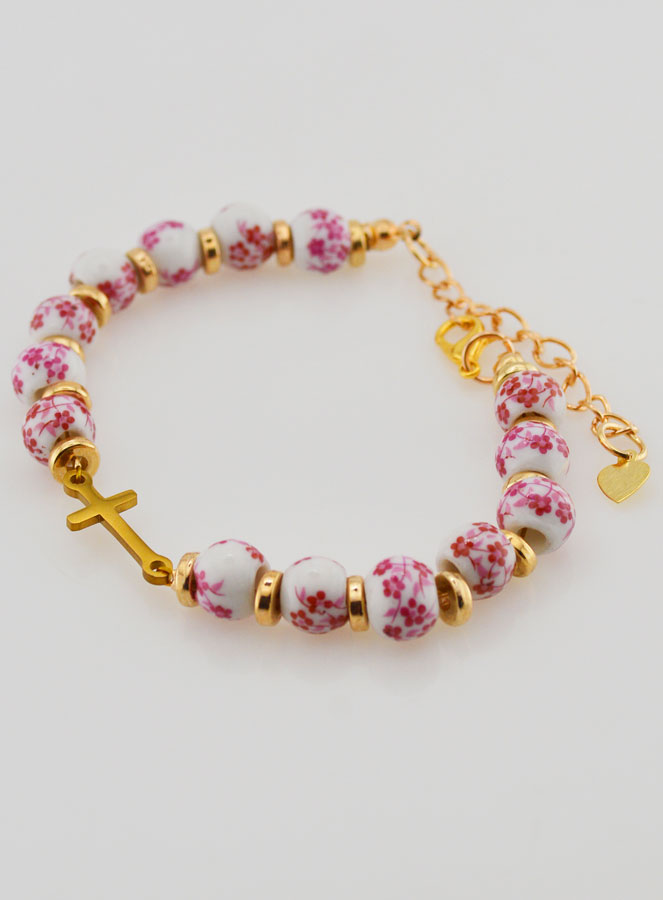 Bracelet Avec Croix Grains Céramique- Rose (pic 3)