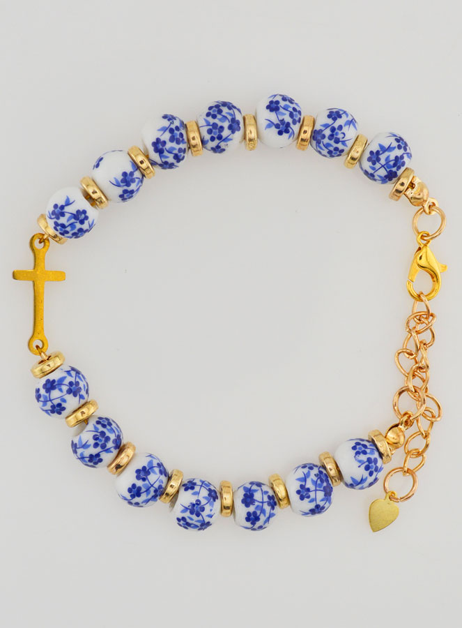 Bracelet Avec Croix & Grains Céramique - Bleu (pic 1)