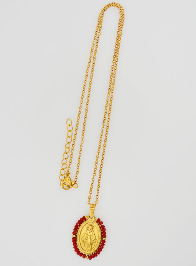 Médaille Miraculeuse Perles Facetées + Chaîne - Rouge (pic 1)