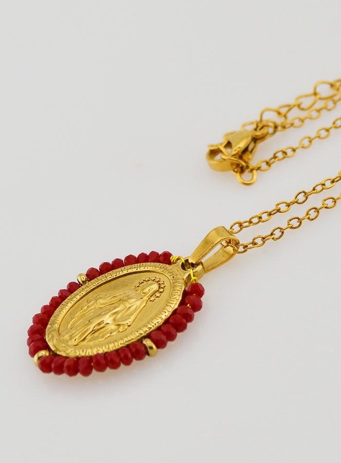 Médaille Miraculeuse Perles Facetées + Chaîne - Rouge (pic 2)
