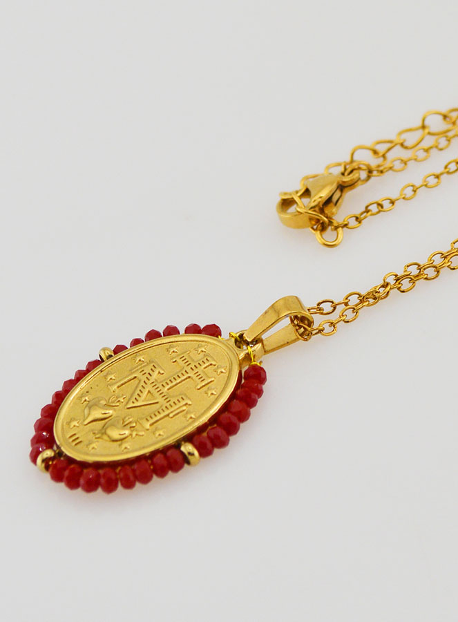 Médaille Miraculeuse Perles Facetées + Chaîne - Rouge (pic 3)