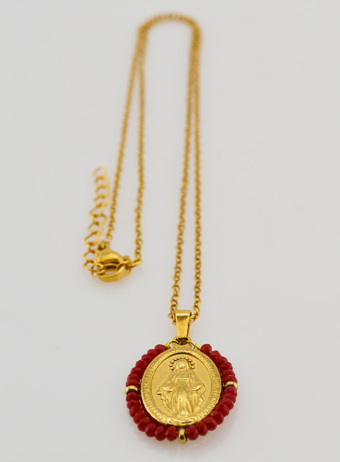 Médaille Miraculeuse Perles Facetées + Chaîne - Rouge (pic 4)