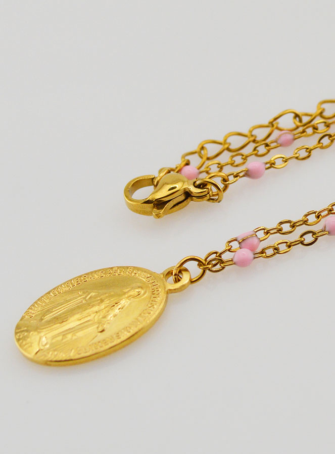 Collier Perlé Médaille Miraculeuse - Rose (pic 1)