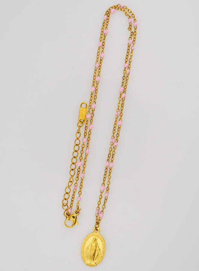 Collier Perlé Médaille Miraculeuse - Rose (pic 2)