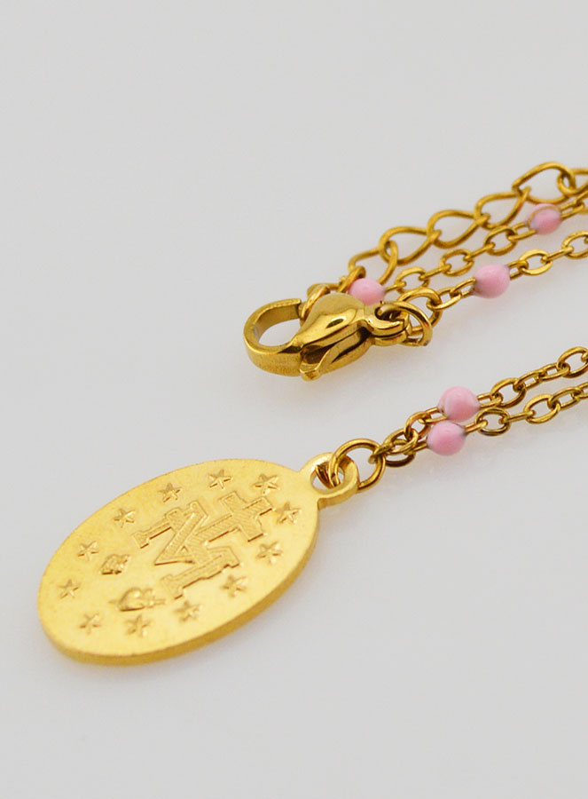 Collier Perlé Médaille Miraculeuse - Rose (pic 3)