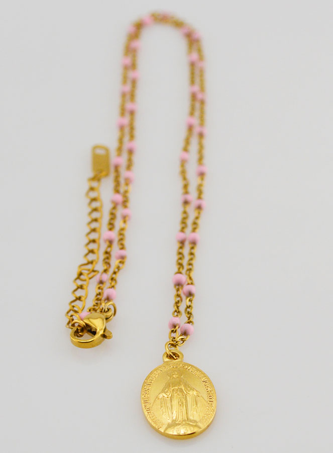 Collier Perlé Médaille Miraculeuse - Rose (pic 4)