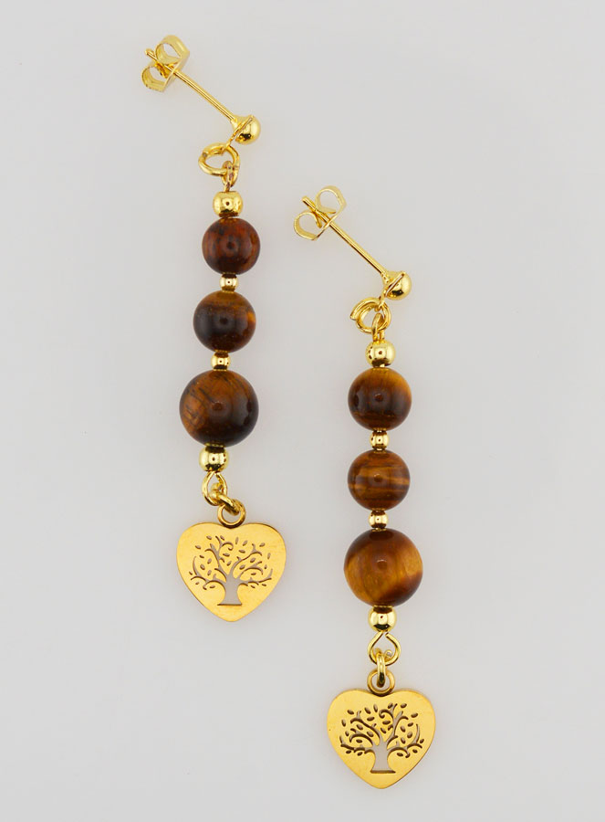 Boucles d'Oreilles Arbre de Vie en Oeil de Tigre - Doré (pic 1)