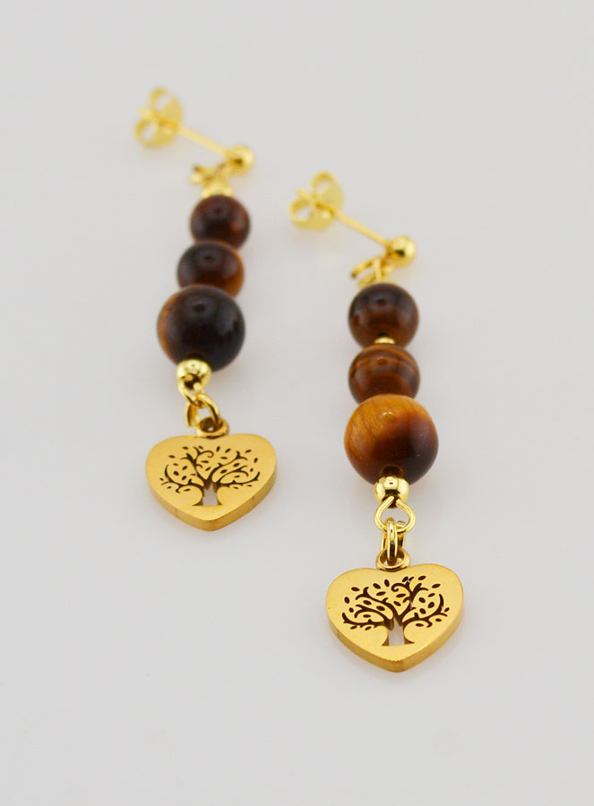 Boucles d'Oreilles Arbre de Vie en Oeil de Tigre - Doré (pic 2)