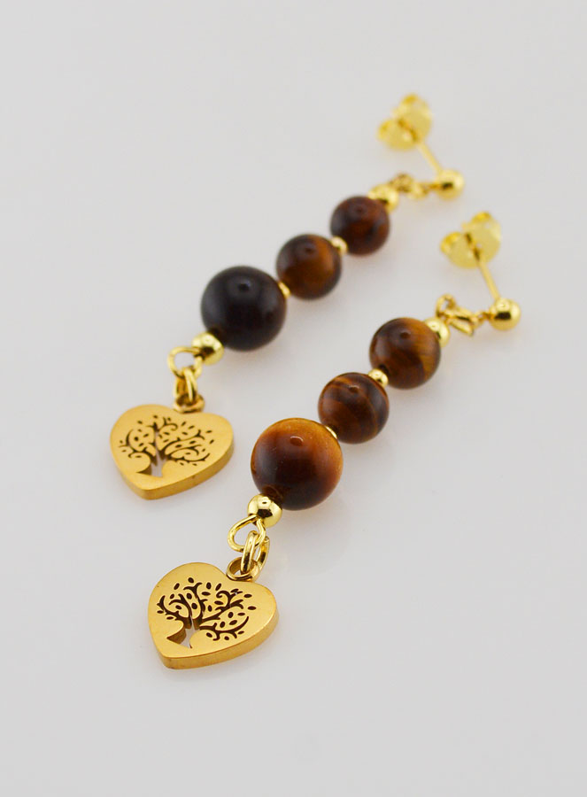 Boucles d'Oreilles Arbre de Vie en Oeil de Tigre - Doré (pic 3)