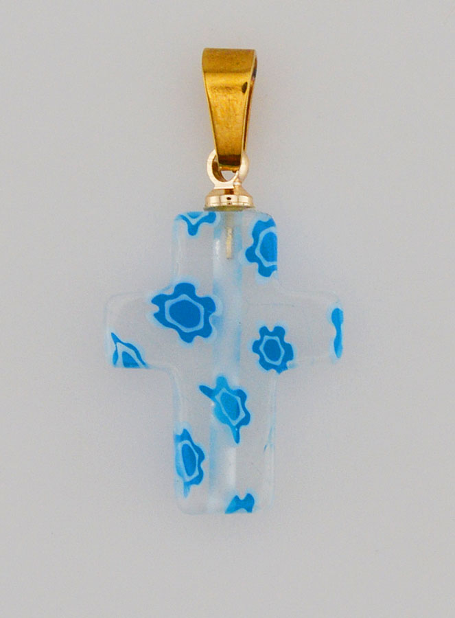Pendentif Croix en Verre Artisanale - Blanc & Bleu (pic 1)