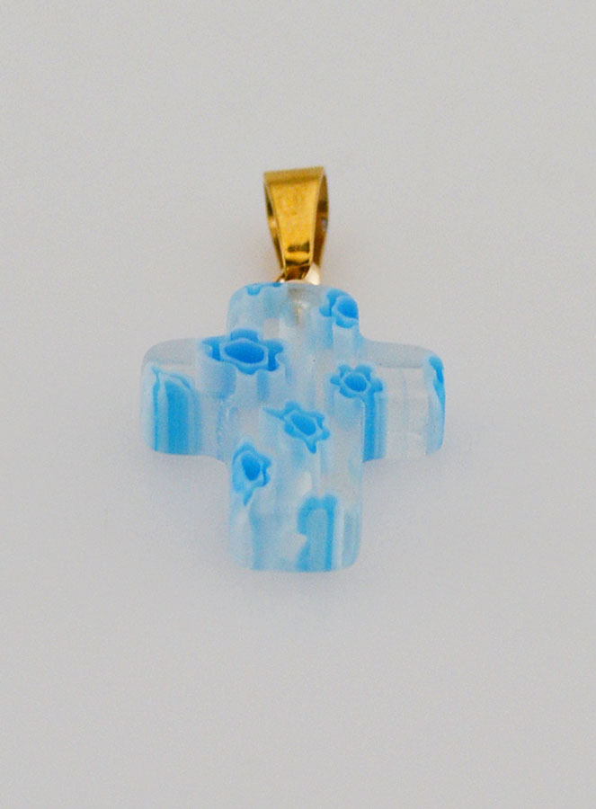 Pendentif Croix en Verre Artisanale - Blanc & Bleu (pic 2)