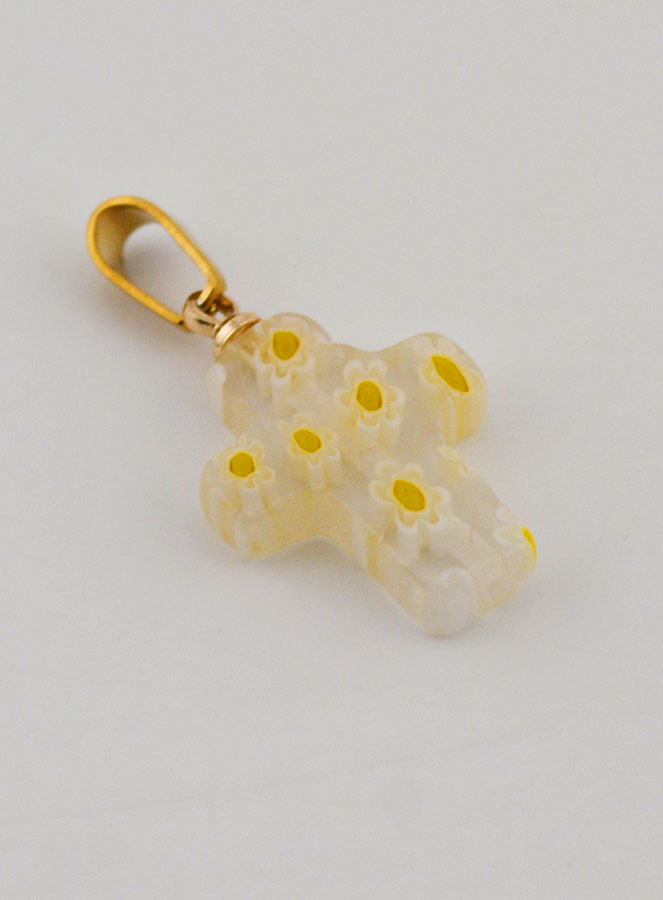 Pendentif Croix en Verre Artisanal - Fleurs Jaunes (pic 3)