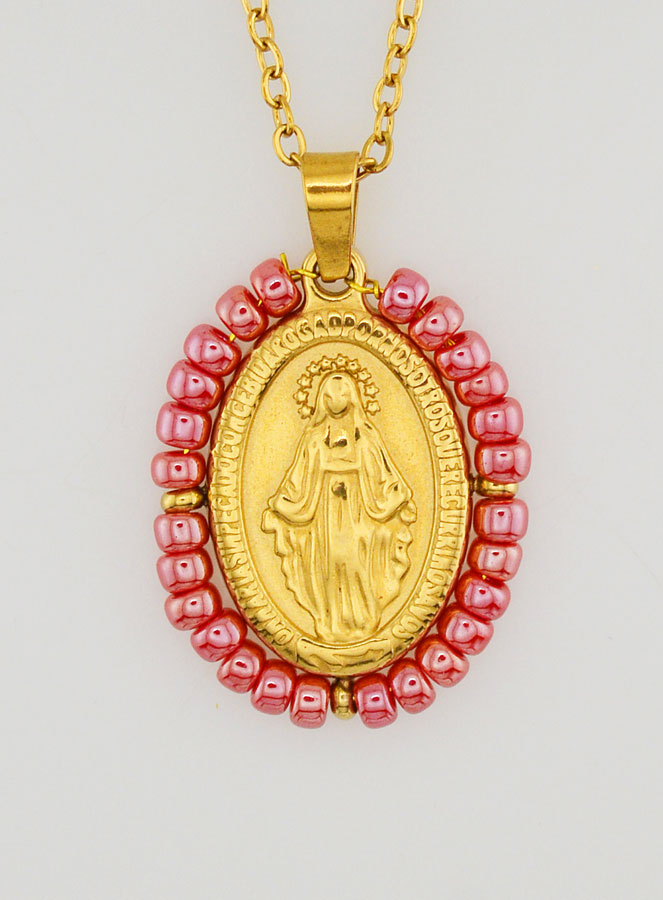 Médaille Miraculeuse + Chaîne - Perles Rose Nacré (pic 1)