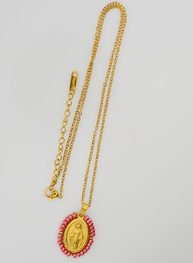 Médaille Miraculeuse + Chaîne - Perles Rose Nacré (pic 3)