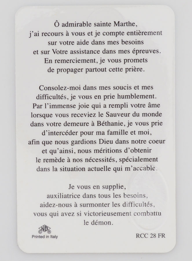 Carte de Prière Médaille Sainte Marthe (pic 2)