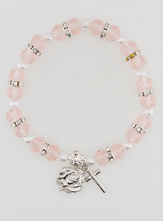 Bracelet Chapelet Cristal Rose + Médaille de Lourdes + Croix (pic 1)