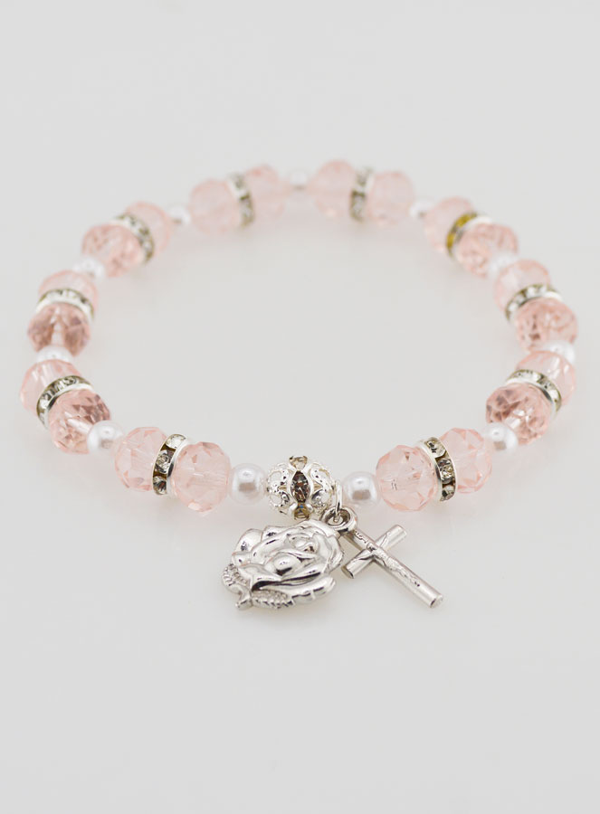 Bracelet Chapelet Cristal Rose + Médaille de Lourdes + Croix (pic 2)