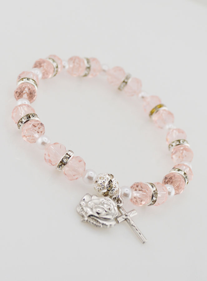 Bracelet Chapelet Cristal Rose + Médaille de Lourdes + Croix (pic 3)