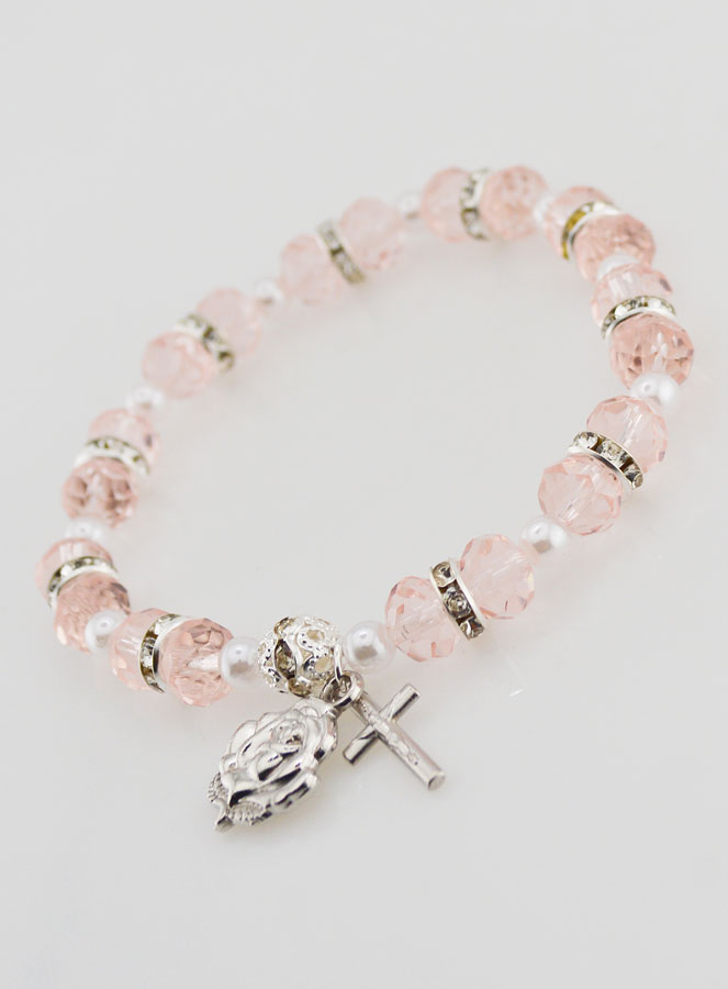 Bracelet Chapelet Cristal Rose + Médaille de Lourdes + Croix (pic 4)