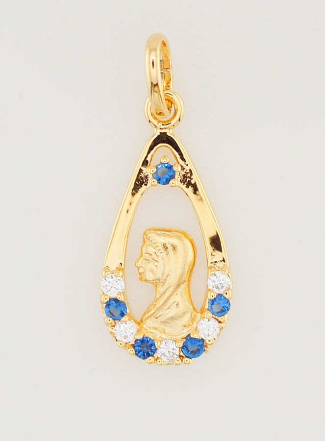 Pendentif Goutte Vierge Marie - Diamant Strass Saphir Plaqué Or (pic 1)